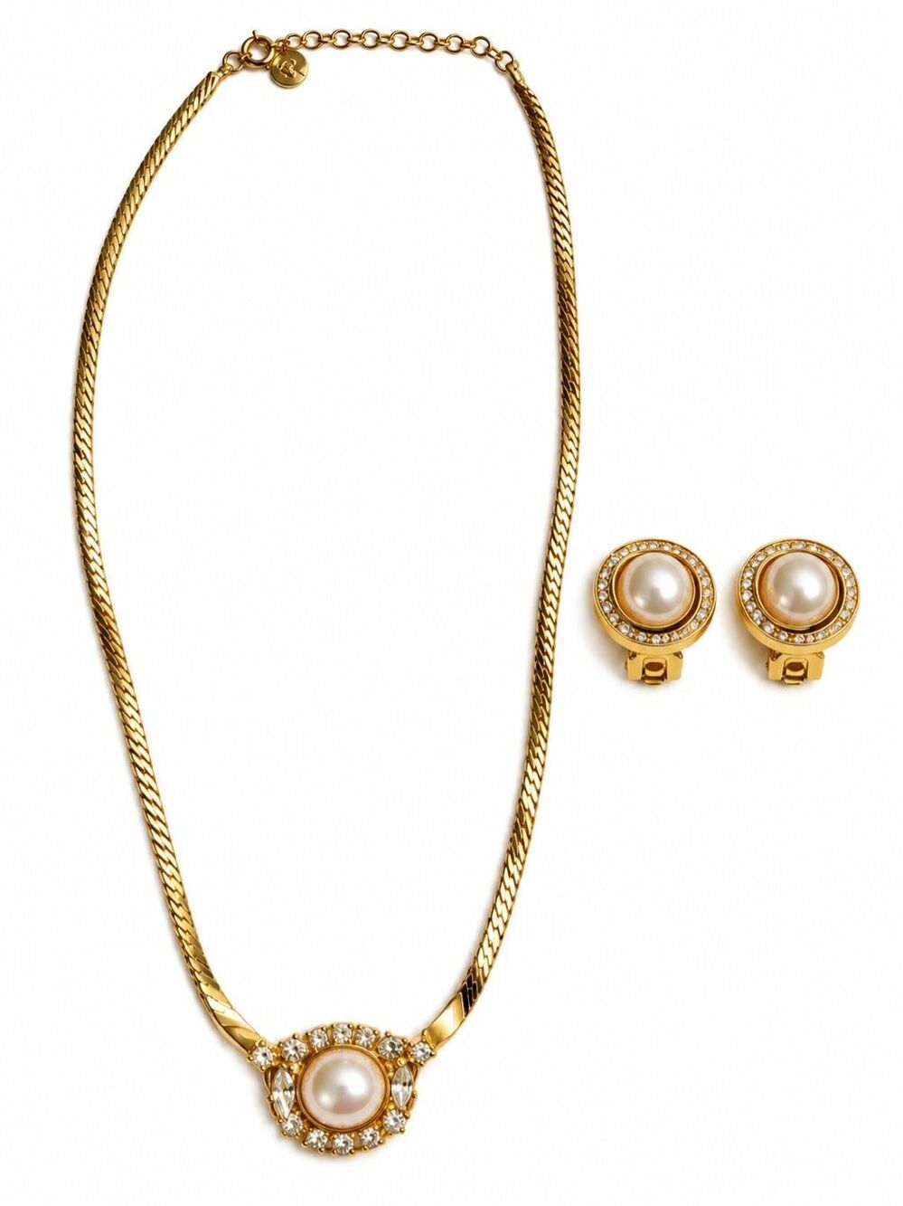 Christian Dior Vintage Faux Pearl Crystal Pendant Necklace & Earrings Set